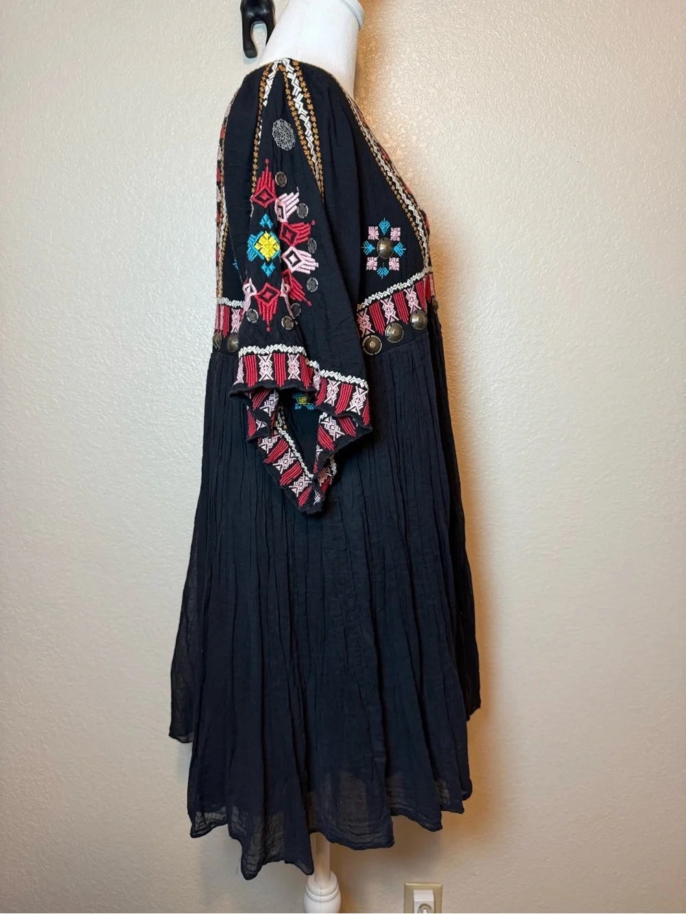 Nina Kaufmann Black Embroidered Embellished Bohemian Dress Medium